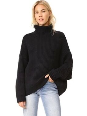 FREE PEOPLE Swim Too Deep Black Oversized Chunky Knit Turtleneck Sweater NWOT S‎